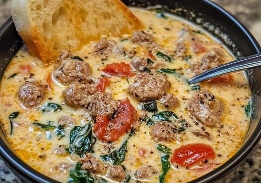 Creamy soup with meatballs and bread.