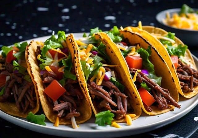 Tacos with beef, lettuce, tomato, and cheese.