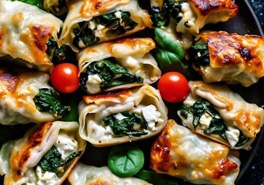 Plate of stuffed pastry with spinach filling.