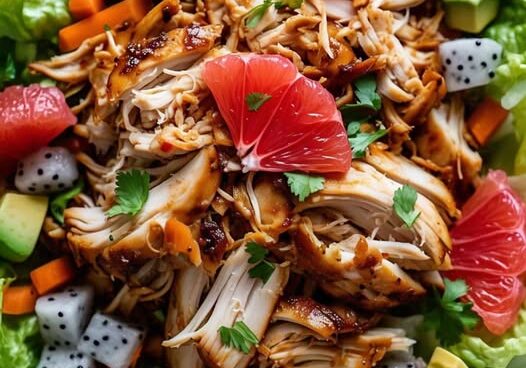 Colorful salad with chicken and tropical fruits.