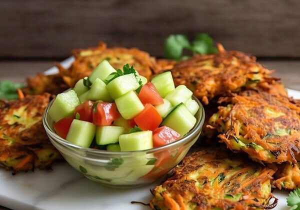 Vegetable fritters with cucumber tomato salad.