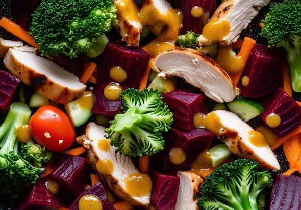 Colorful salad with chicken and vegetables.