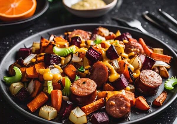 Colorful roasted vegetables and sausage on plate.