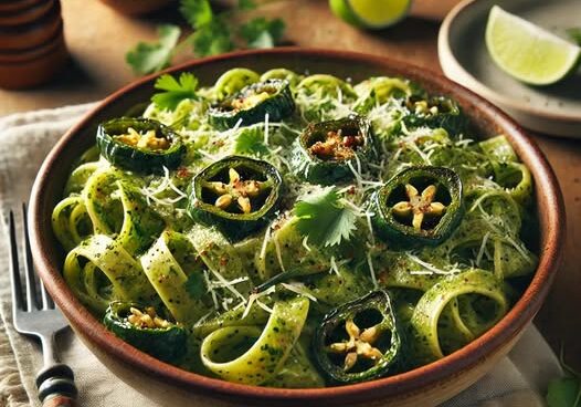 Pasta with pesto and jalapeño slices.
