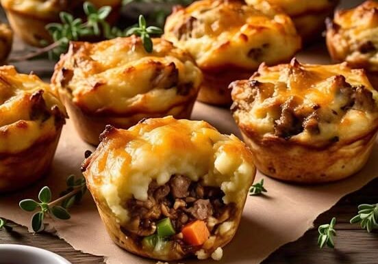 Savory meat pies with melted cheese topping.