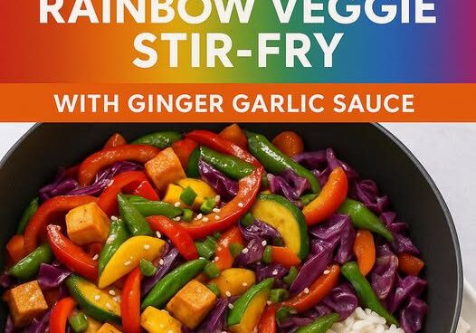 Rainbow veggie stir-fry with rice.