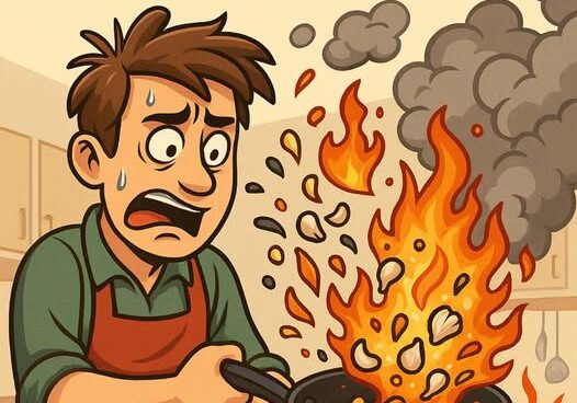 Man cooking with fire and smoke disaster.