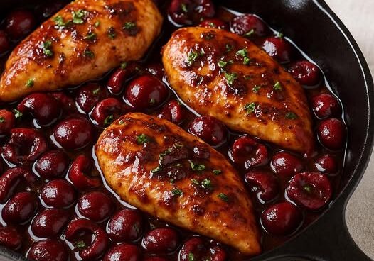 Cherry balsamic chicken in cast iron skillet.