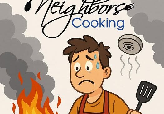 Man cooking with large flames and smoke.