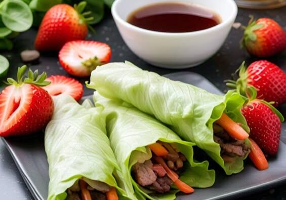 Lettuce wraps with strawberries and dipping sauce.