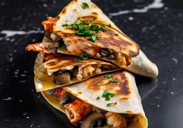 Grilled seafood quesadillas with mushrooms and herbs.