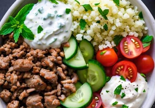 Healthy bowl with meat, vegetables, and yogurt.