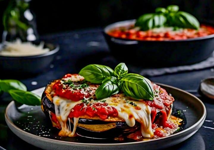 Eggplant parmesan with basil garnish.