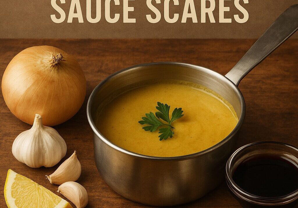 Cooking ingredients with pot on wooden table.