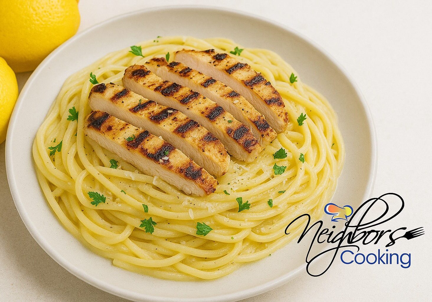 Grilled chicken on pasta with parsley garnish.