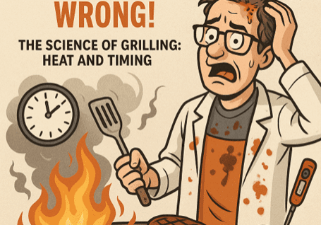 Cartoon chef panicking over grill fire.