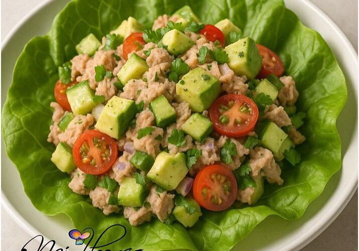Fresh salad with lettuce, avocado, and tomatoes.