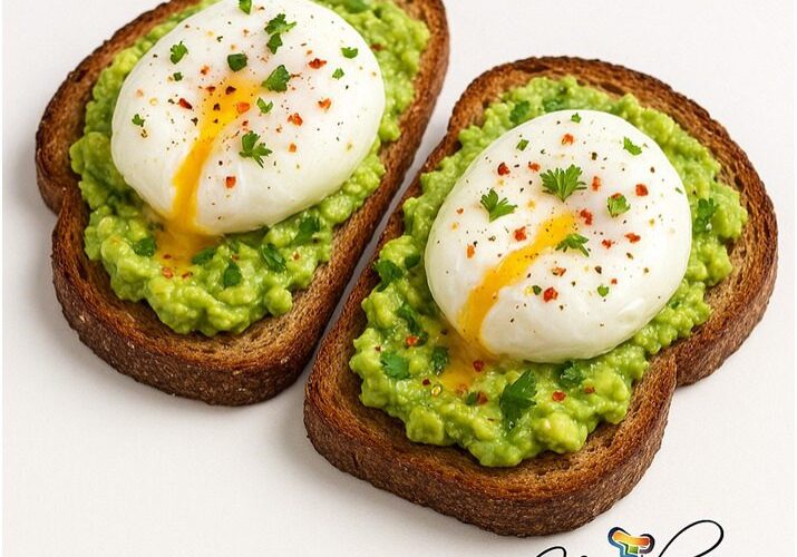 Avocado toast with poached eggs and herbs.