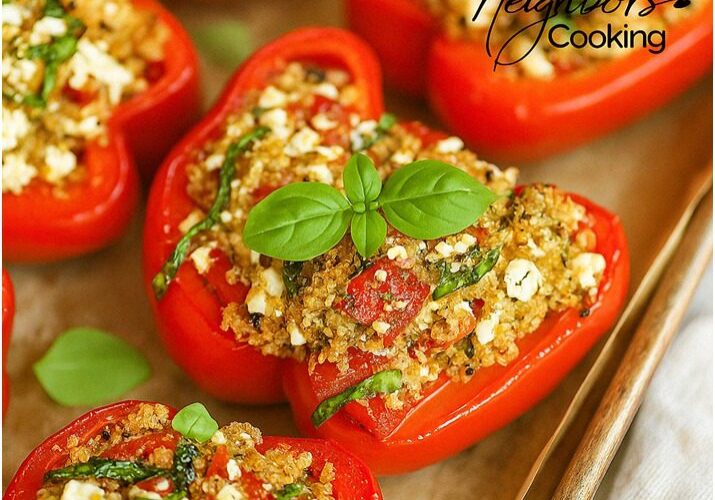 Stuffed red bell peppers with basil garnish.