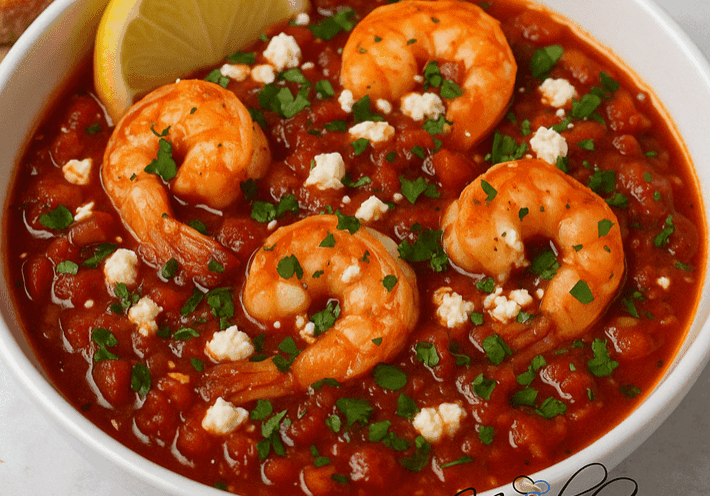 Shrimp stew with lemon and feta garnish.