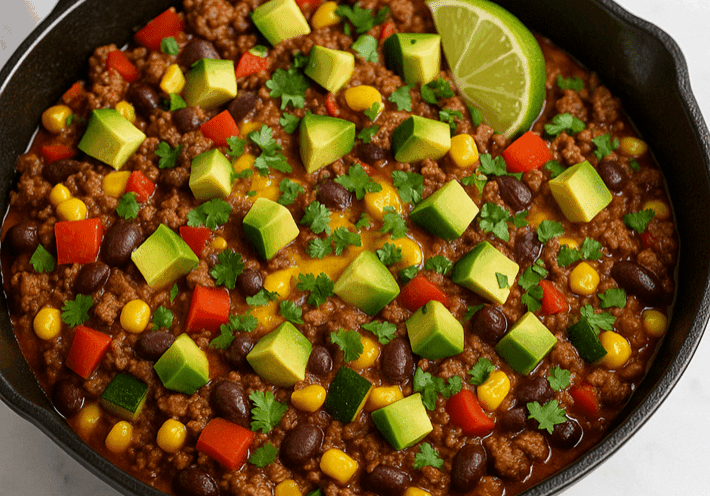 Skillet chili with avocado and lime garnish.