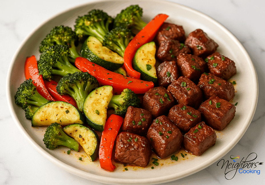 Steak bites with broccoli and vegetables.