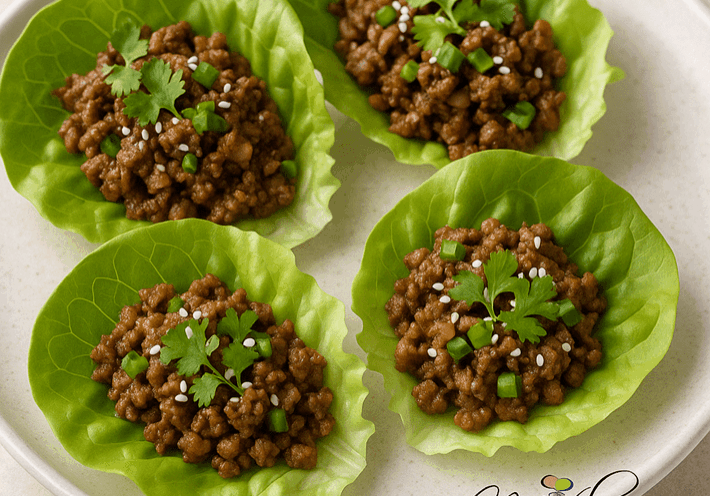 Lettuce wraps with ground beef and herbs.