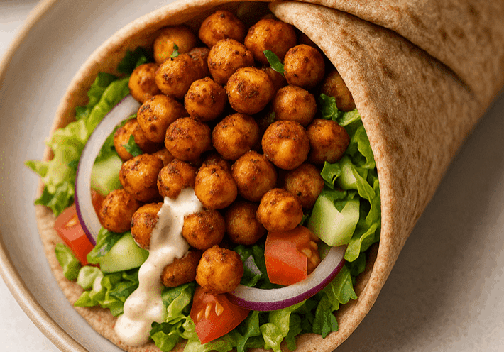 Chickpea wrap with vegetables and sauce.