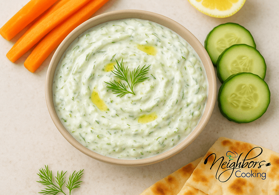Creamy dip with vegetables and pita bread.