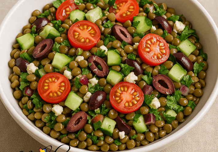 Lentil salad with tomatoes, cucumbers, and olives.