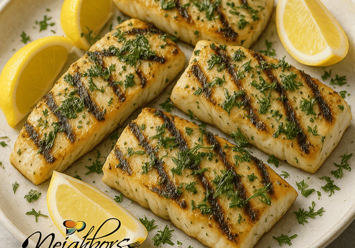 Grilled fish fillets with lemon wedges.
