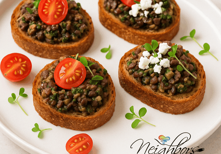 Bruschetta with lentil topping and tomatoes.