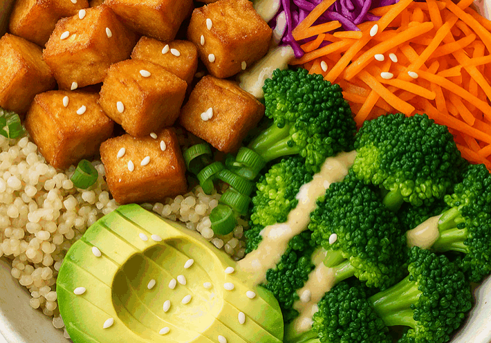 Vegan Buddha bowl with tofu and vegetables.