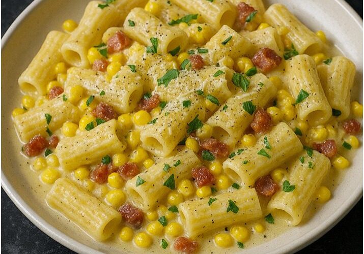 Pasta with corn, bacon, and herbs.