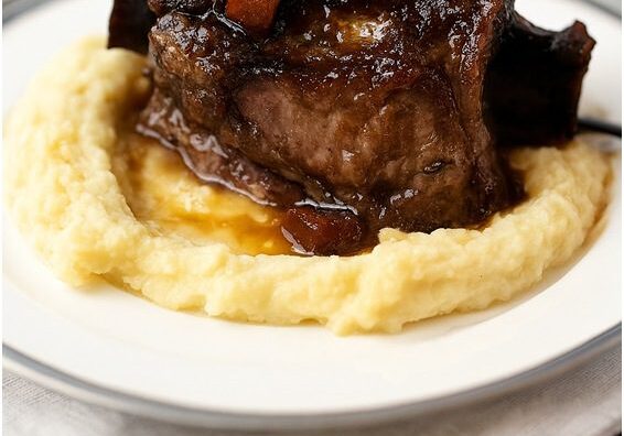 Braised short ribs on mashed potatoes.